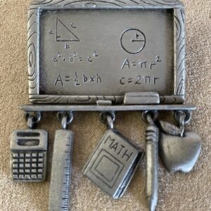 Vintage JJ Jonette School Math Teacher Charm Brooch Pewter Chalkboard Pin